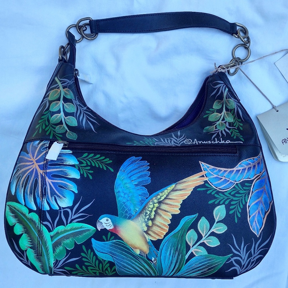 NWT Large Parrots Painted / EmbroideredTropical Theme Leather Handbag  Anushka